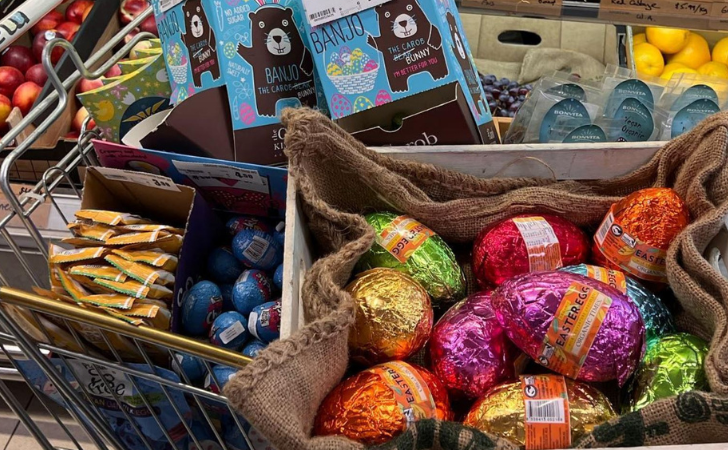 shopping trolley full of easter eggs and chocolate