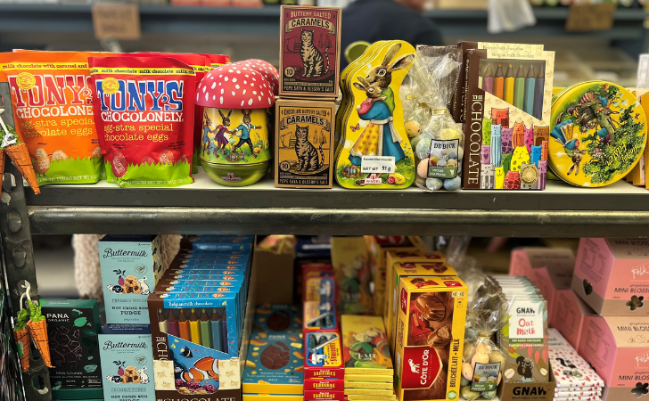 colourful shelves of easter eggs and chocolate