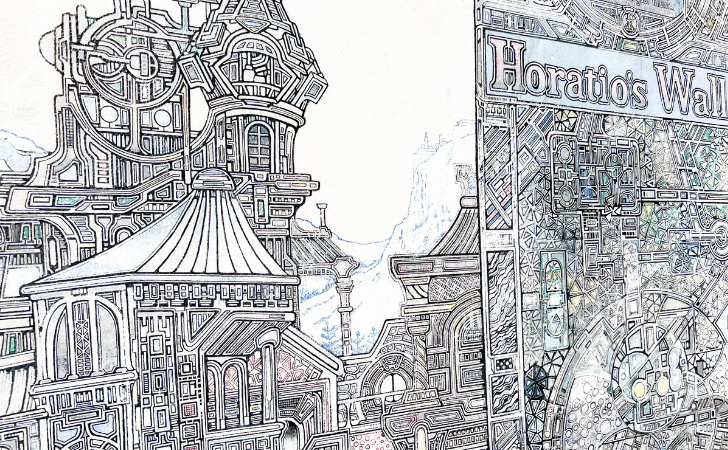 hand drawn mural showing an imagined city