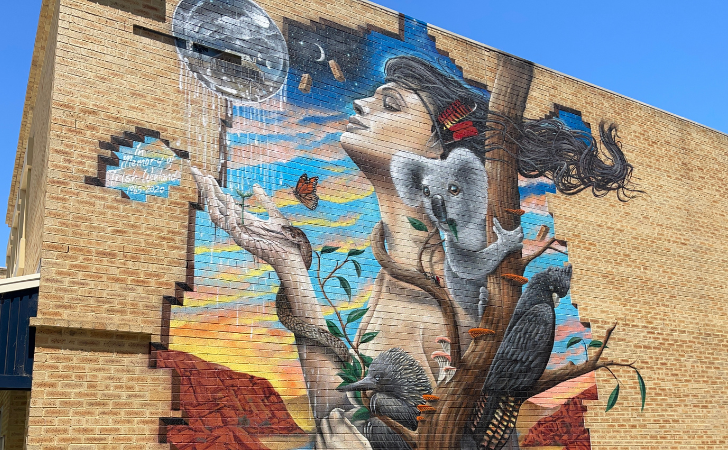 large mural of a person with koala, black cockatoo, plants and a bubble