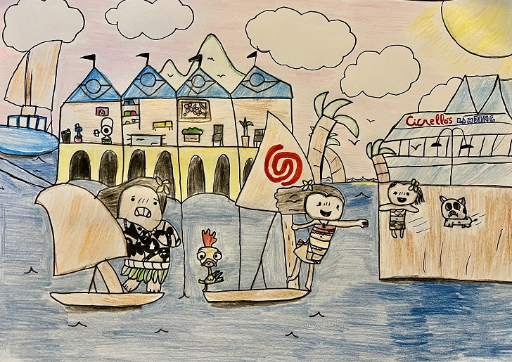 A sketch of Moana arriving at Fishing Boat Harbour by Solène, aged 9.