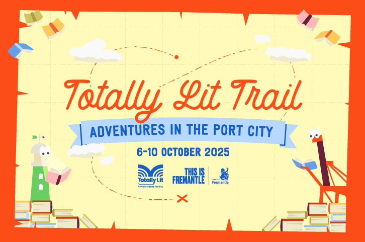 A graphic poster depicting a map with a lighthouse and a crane reading books and the words Totally Lit Trail across the centre.