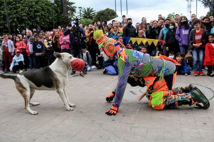 A man dressed head-to-toe in colourful print with white face paint kneels in front of a dog with a ball in its mouth.