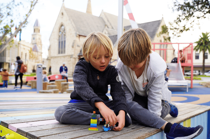 Kids in Freo playing with LEGO at playground in Walyalup Koort, Fremantle Western Australia