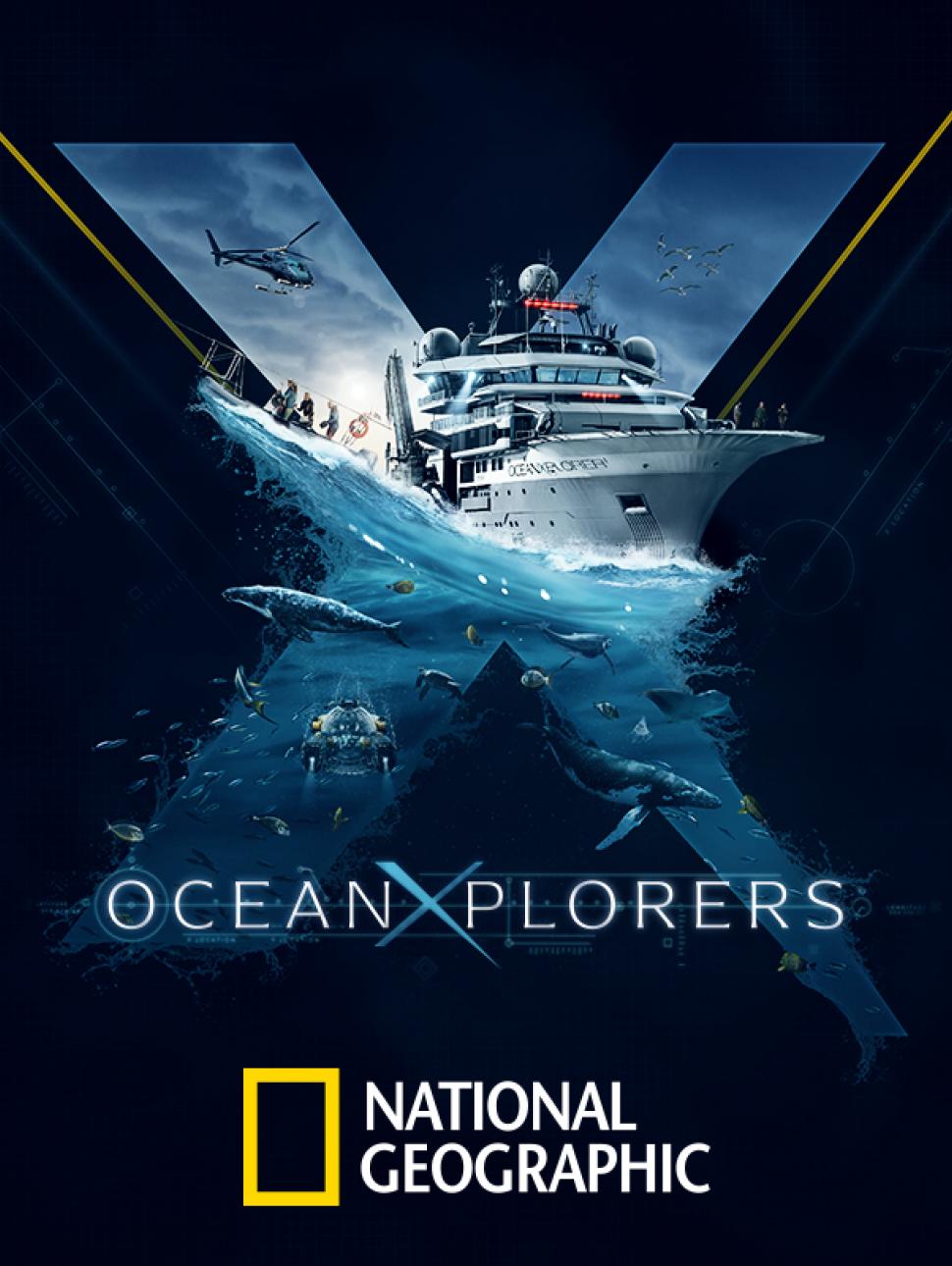 an oceanxplorers poster with a ship and National Geographic logo