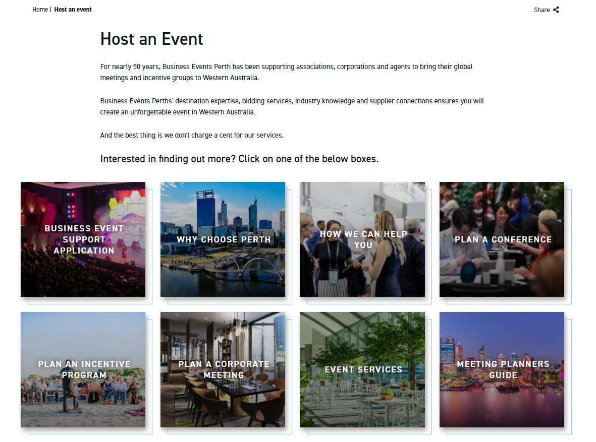 Screenshot from Business Events Perth website