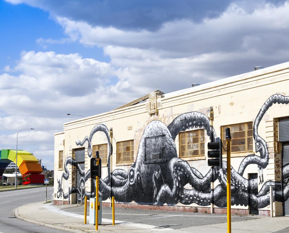 Fremantle's street art on the Naval Stores building, Queen Victoria Street Street Art