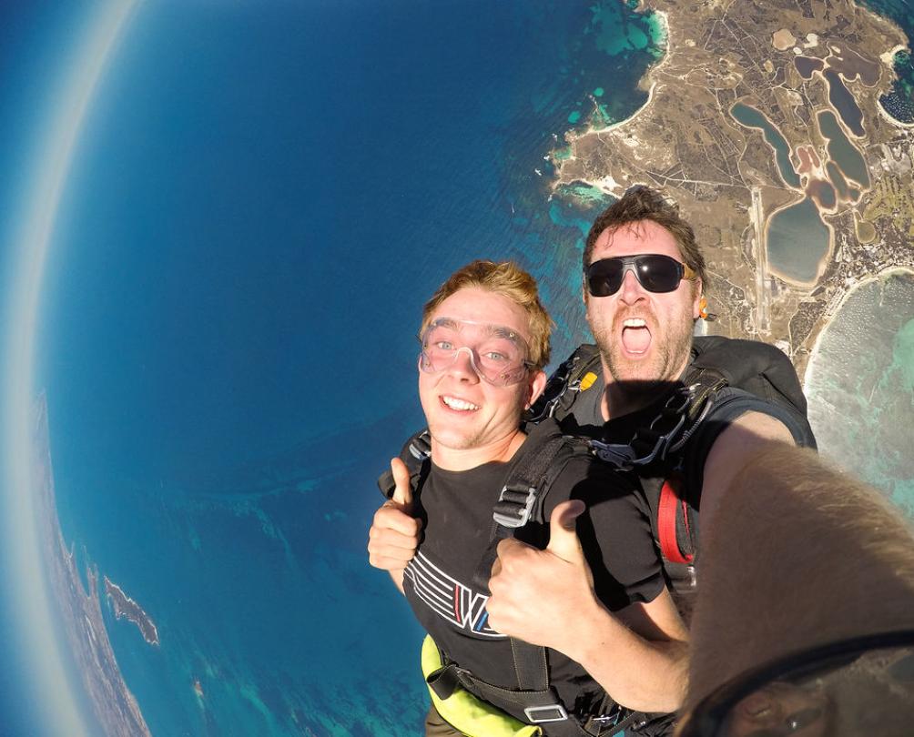 two men in tandem skydive over rottnest island 