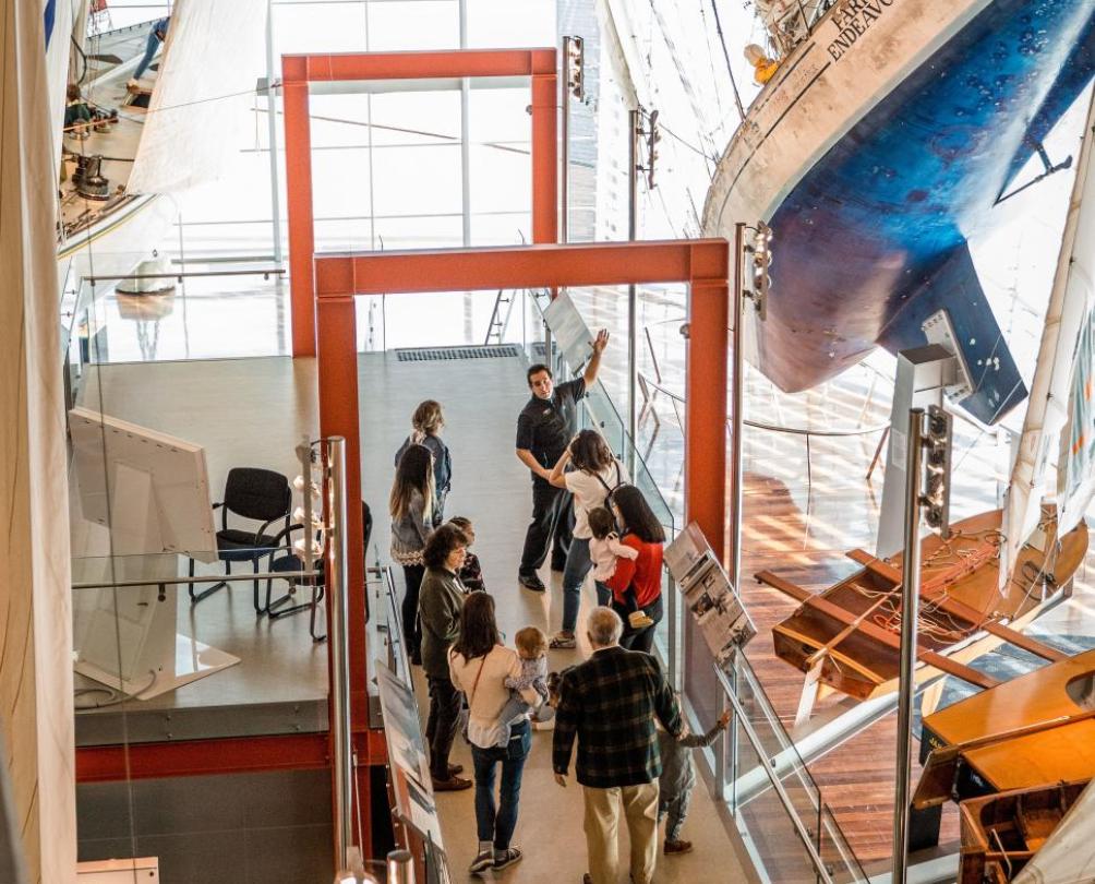 Ariel photo of tour group inside museum