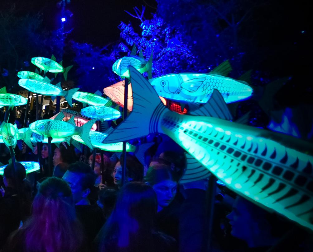 glow in the dark fish puppets in the street 