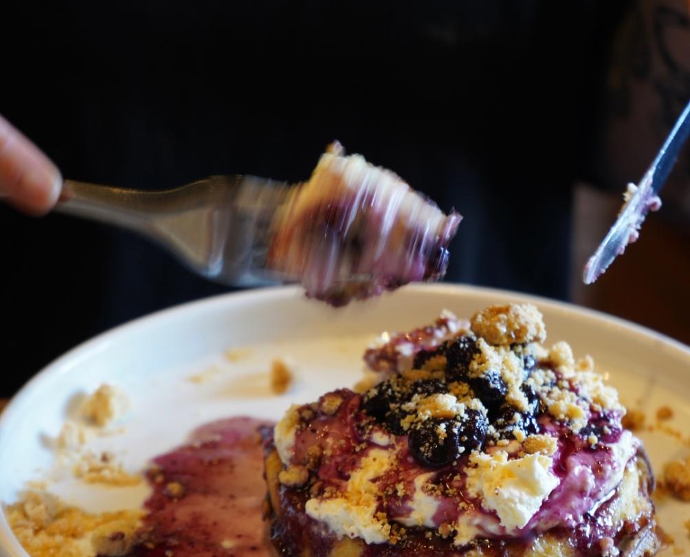 Hotcakes with cream and blueberries at Good Things