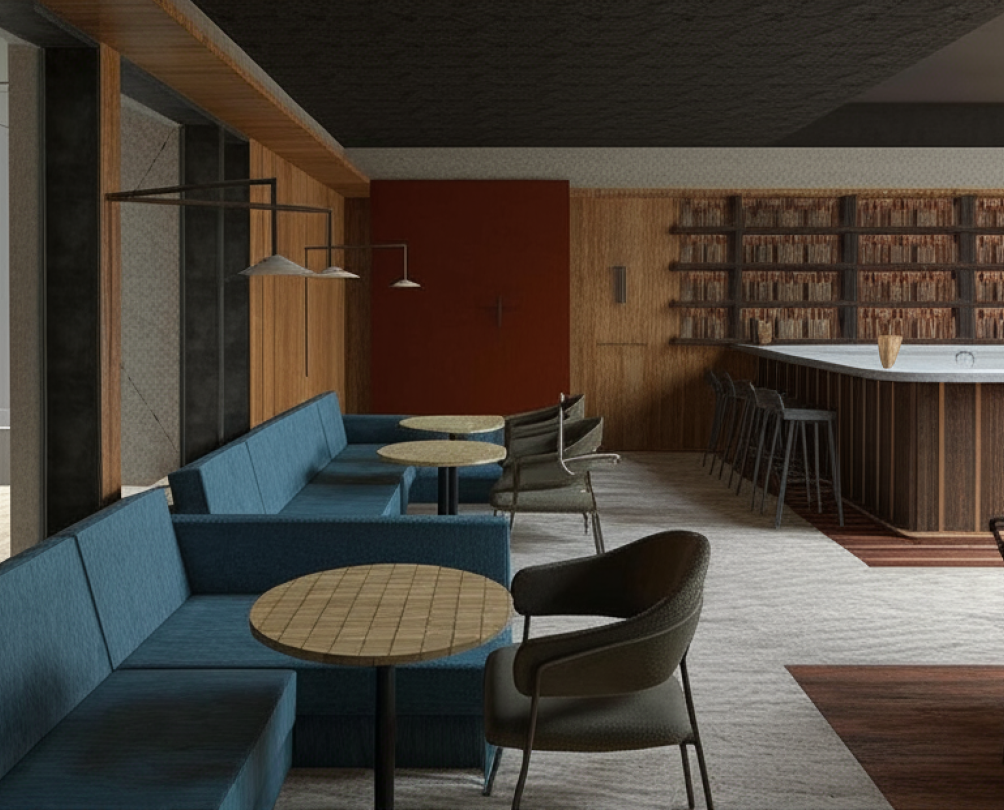 A detailed digital render of a restaurant with blue couches and warm wooden furnishings.