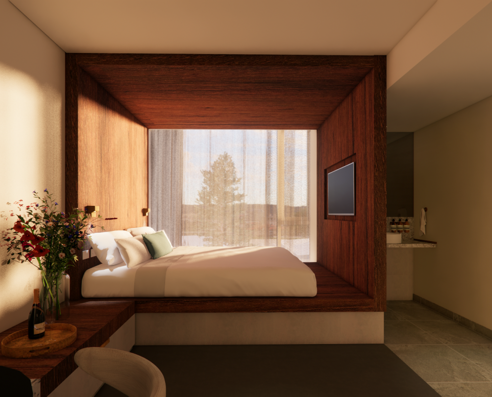 A detailed digital render of a hotel room with warm wooden furnishings and a bathtub in the corner.