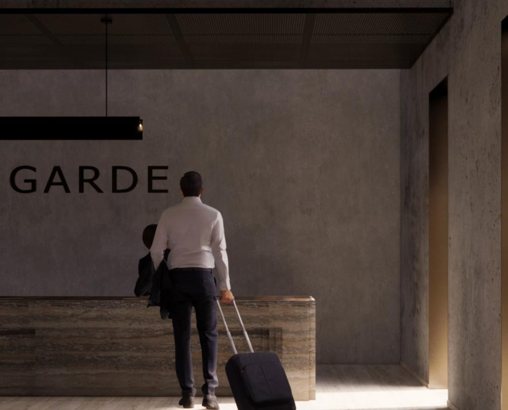 A detailed digital render showing a man checking in to a hotel with the word Garde on the wall behind a reception desk.