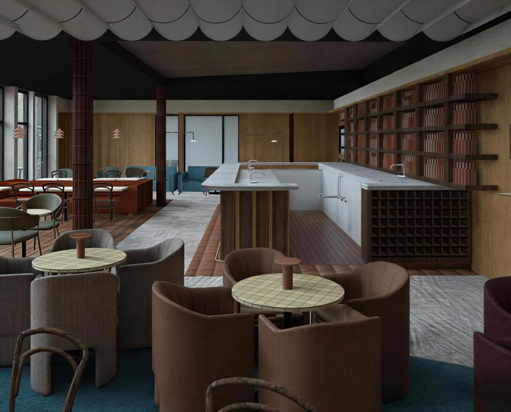 A detailed digital drawing of a restaurant interior with warm wooden furnishings and a bar in the background.