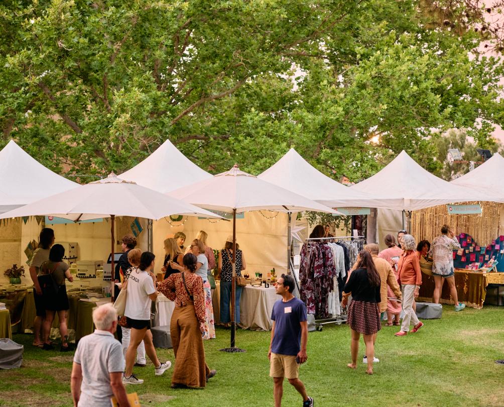 People peruse a group of stalls under trees on a green lawn.