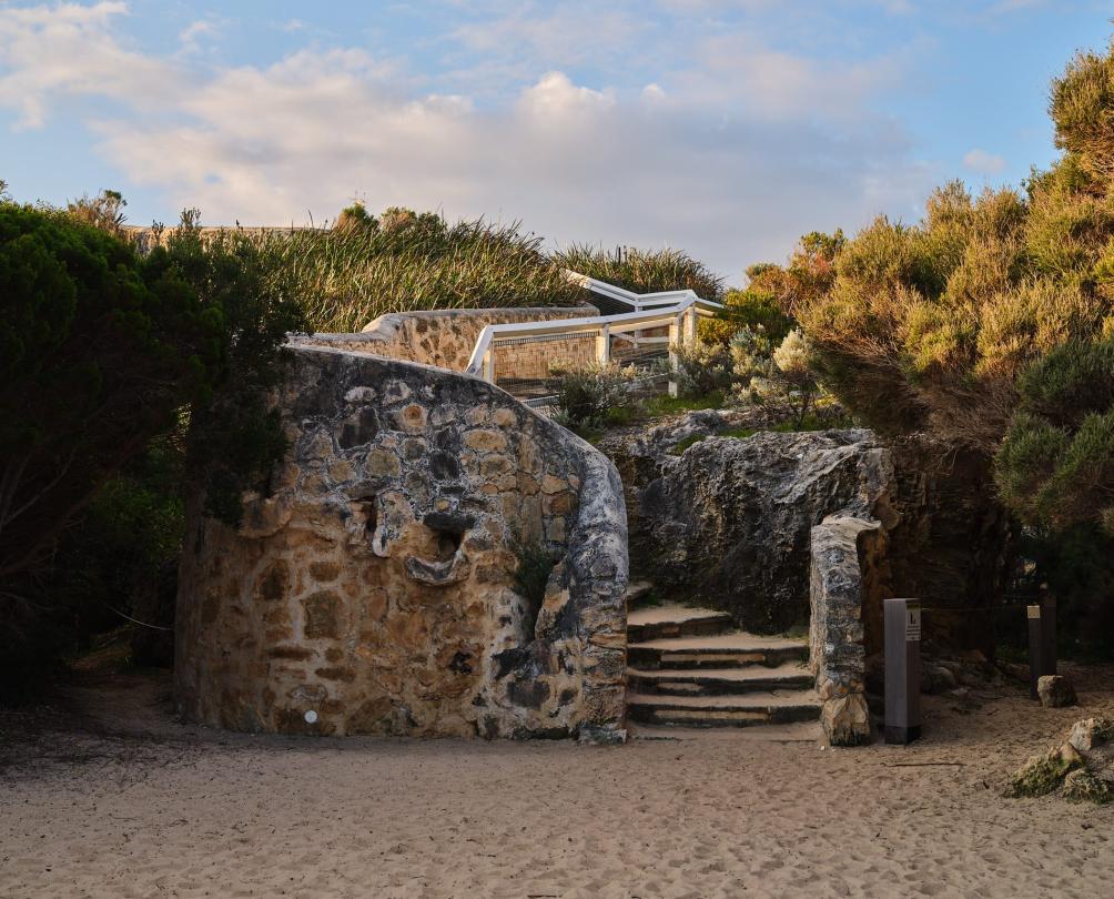 some old stone steps leading up to a grassy area at Arthur Head in Fremantle 