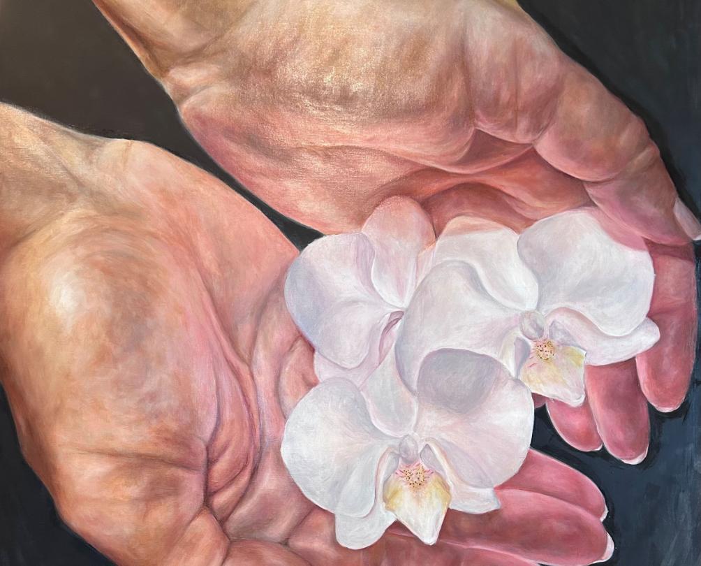 a painting of hands holding white flowers, EarlyWork Gallery, Flourish Exhibit, Fremantle WA 
