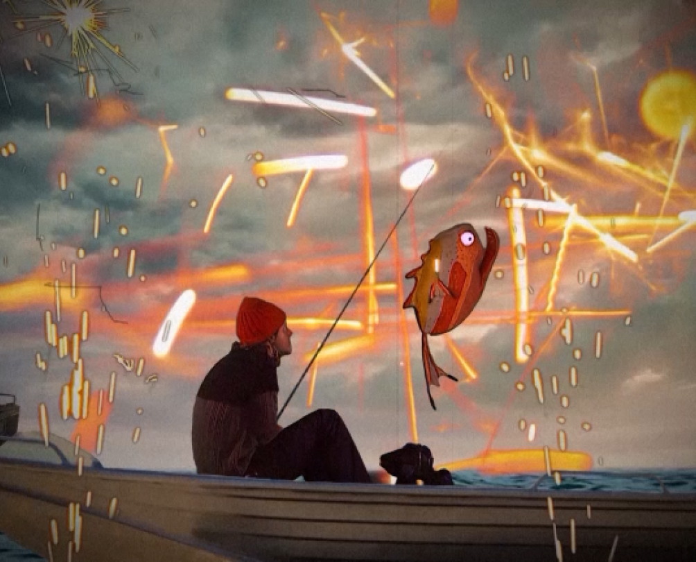 a man sitting on a boat with a fishing rod with weird lights in the background