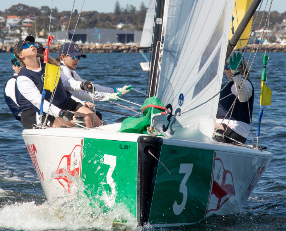 the women's Fremantle Sailing Club on a boat at Bathers Beach 