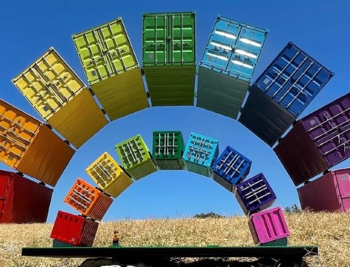 LEGO model of Containbow in front of the Containbow sculpture located in Fremantle's east end