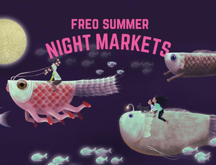 Freo Summer Night Markets graphic poster with flying fish and a golden moon