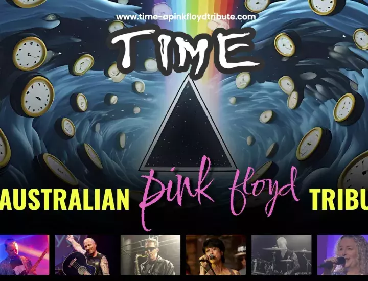A graphic poster with the words TIME, An Australian Pink Floyd Tribute written across it.