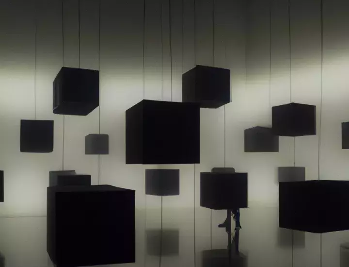 Black boxes hung from the roof, in a foggy room