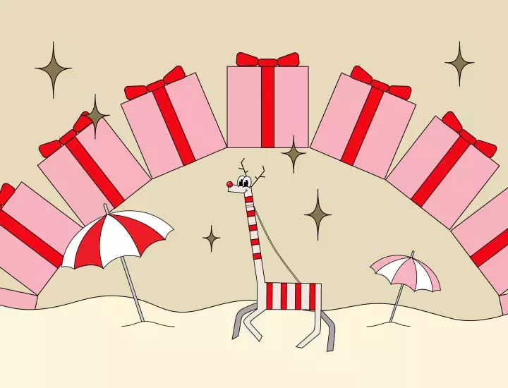 A cartoon drawing of a half crane half reindeer on a beach under a rainbow.