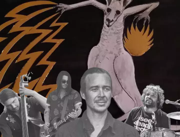 A graphic showing four male band members in black and white and a pink kangaroo behind them.