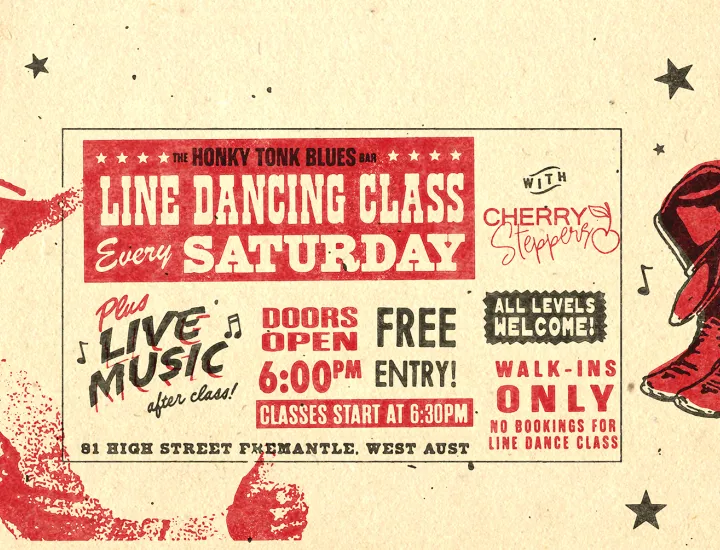 an event poster for line dancing and live music at Honky Tonk 